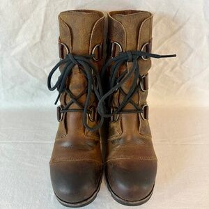 Sorel Boots Womens Size 6.5 Brown Leather Wedge Lace Up Ankle Lug Sole